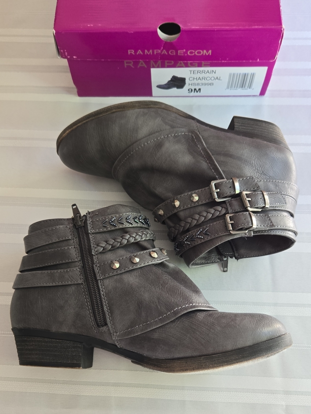 👢Rampage Terrain Zip Ankle Boots Buckles Beads Braids Rivets 9M Charcoal